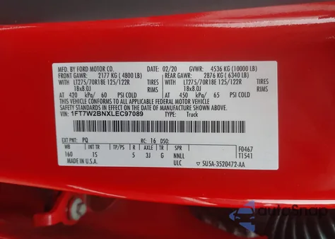 2020 Ford F-250 Xl из США, поврежденный, VIN 1FT7W2BNXLEC97089